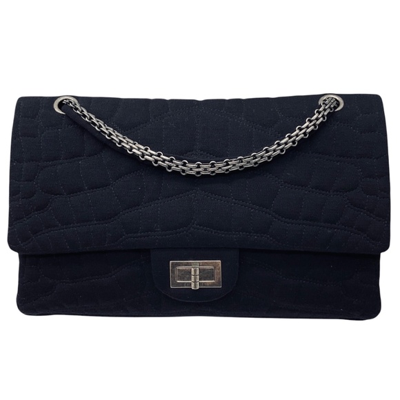 CHANEL BLACK QUILTED JERSEY 2.55 FLAP HANDBAG - Picture 1 of 16